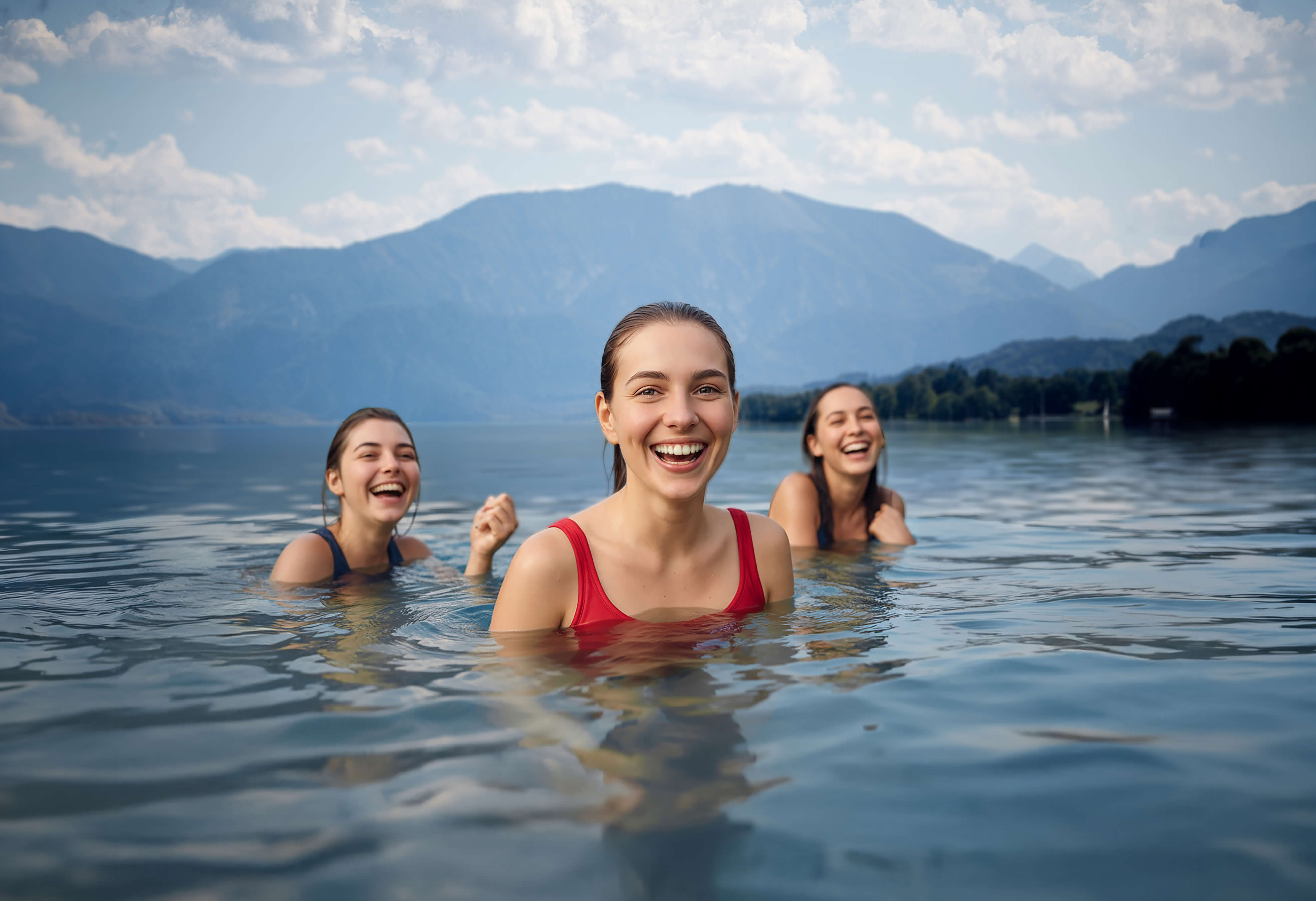 Drei junge Frauen lachen beim Schwimmen im Attersee, im Hintergrund die alpine Berglandschaft des Salzkammerguts.