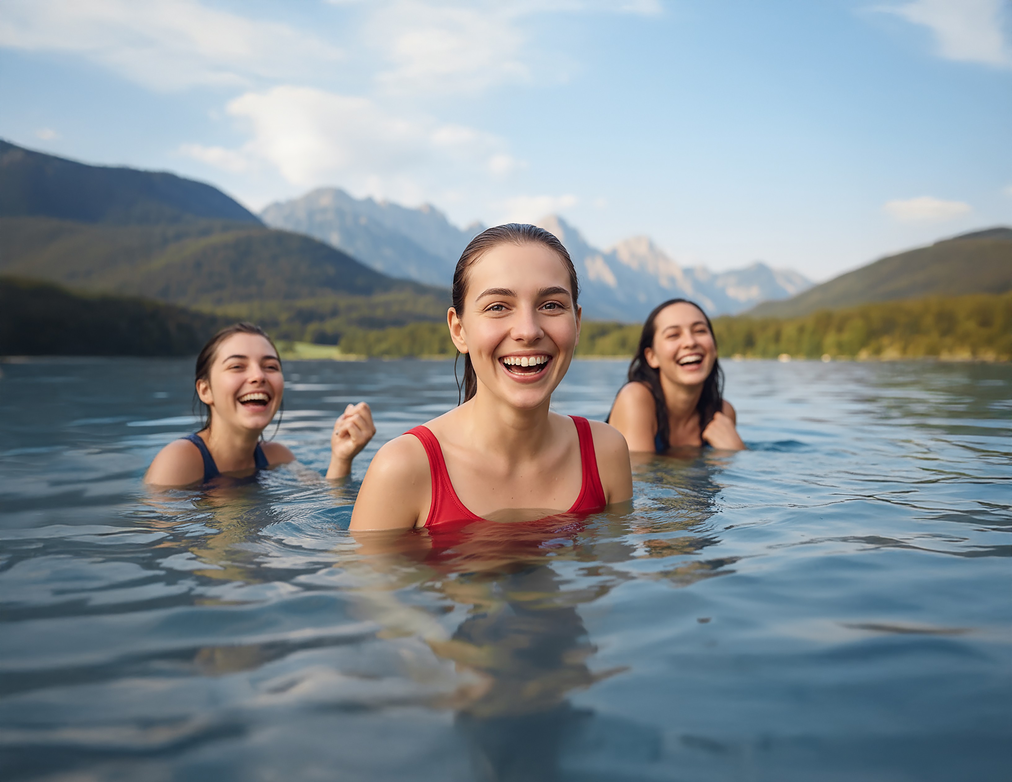 Drei junge Frauen lachen beim Schwimmen im Attersee, im Hintergrund die alpine Berglandschaft des Salzkammerguts.