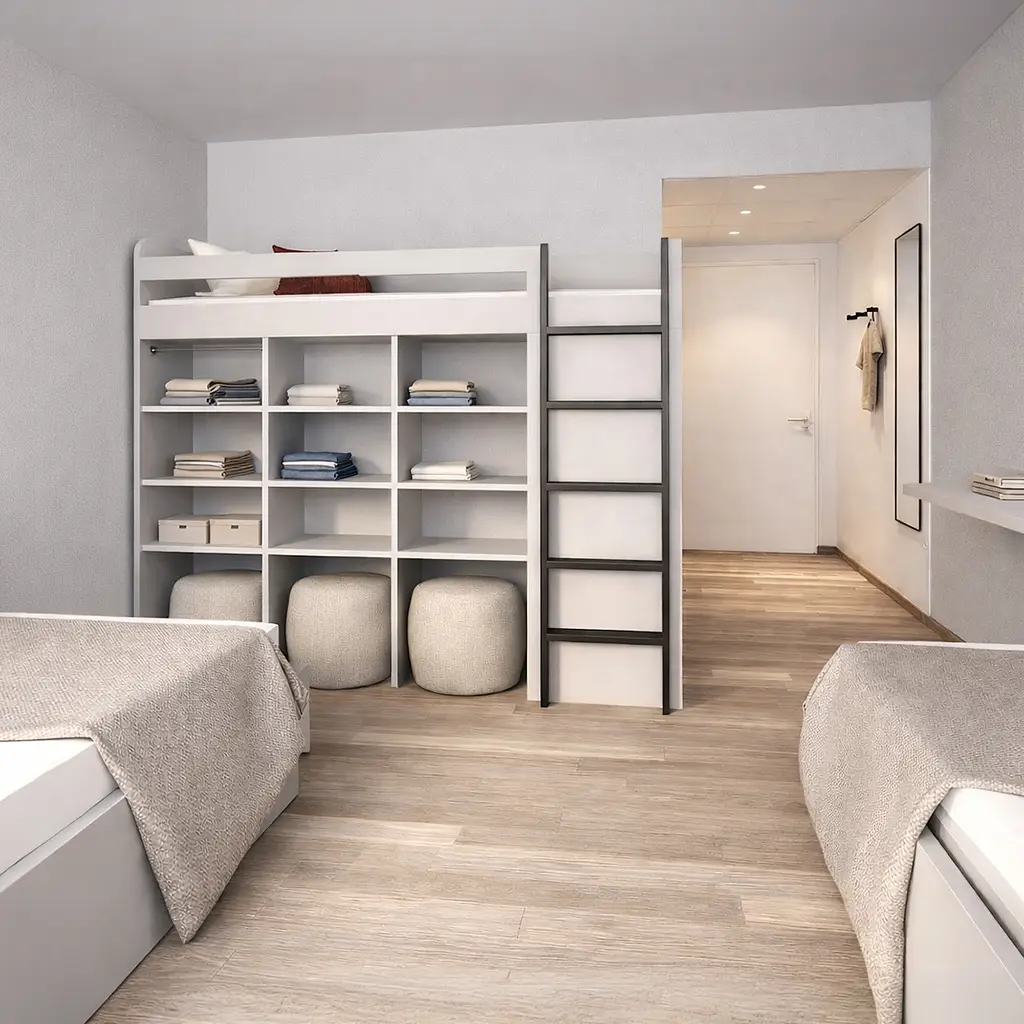 Dreibettzimmer mit Einzelbetten und Hochbett im Rotkreuz-Wertecampus