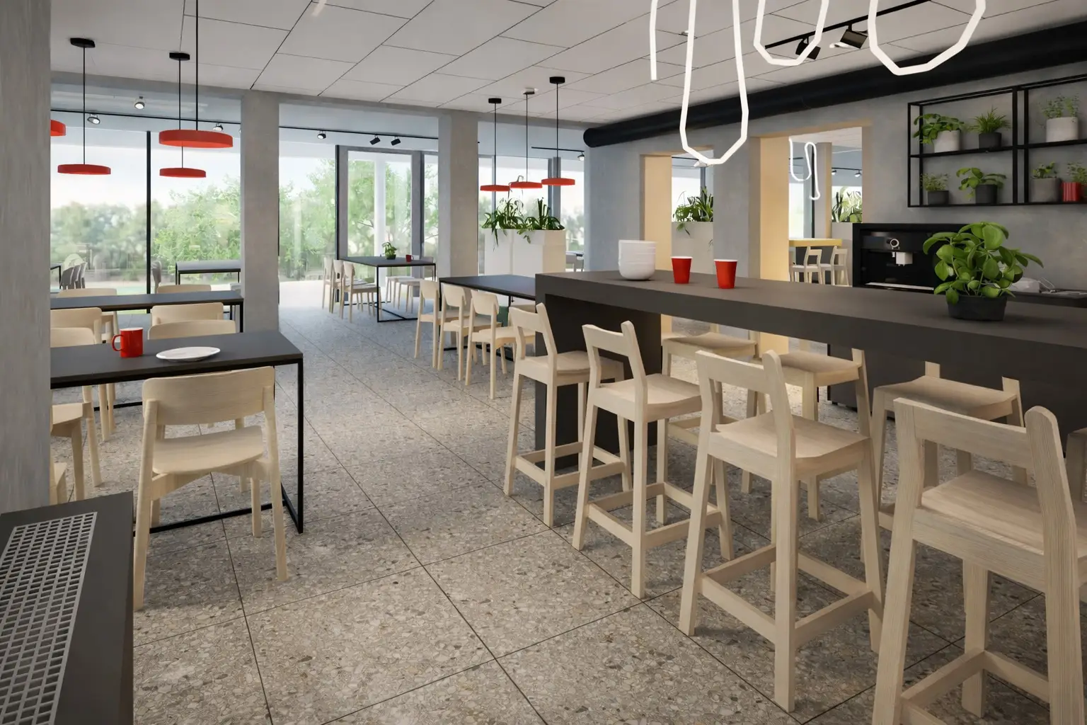 Moderner Speisesaal mit Sitzplätzen im Rotkreuz-Wertecampus